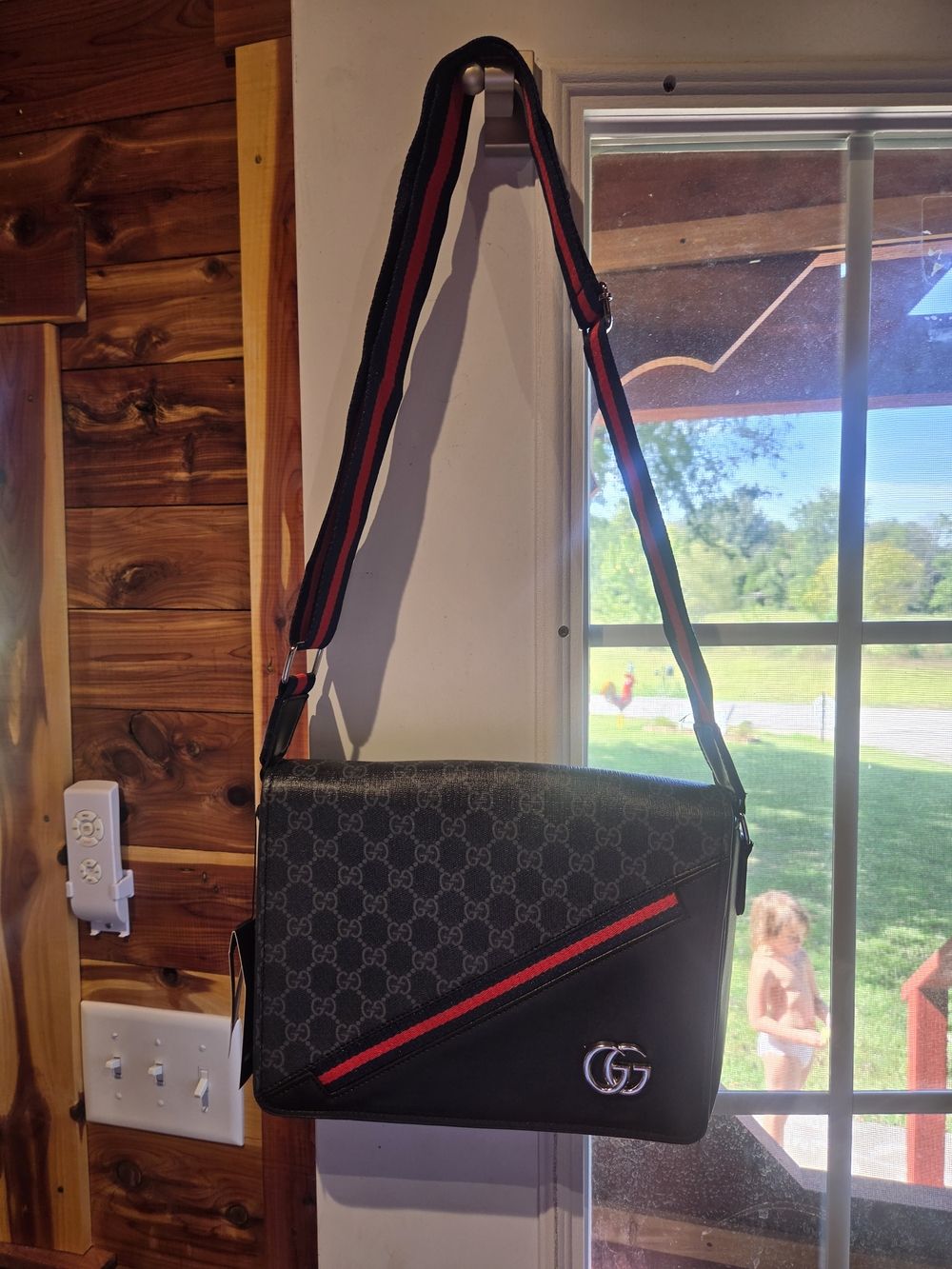 Gucci Black GG Monogram Messenger Bag with Red Stripe